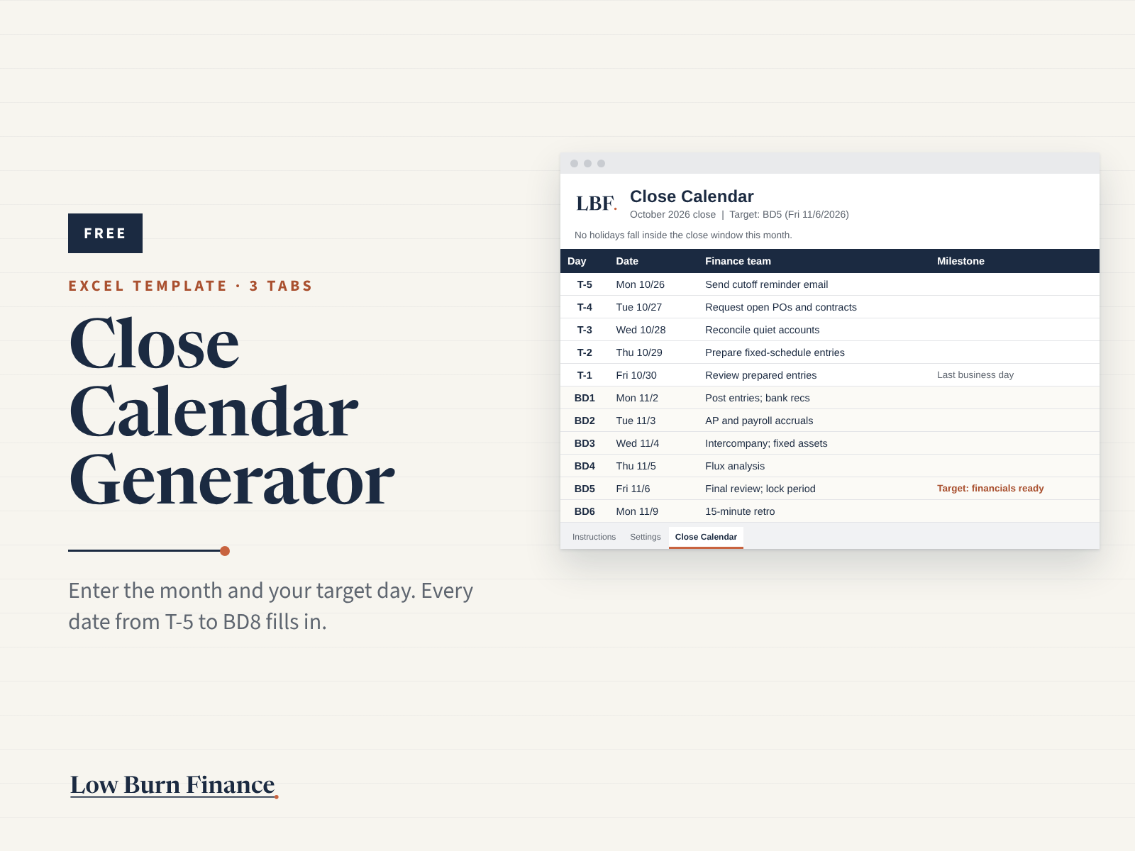 Preview of the free Close Calendar Generator in Excel