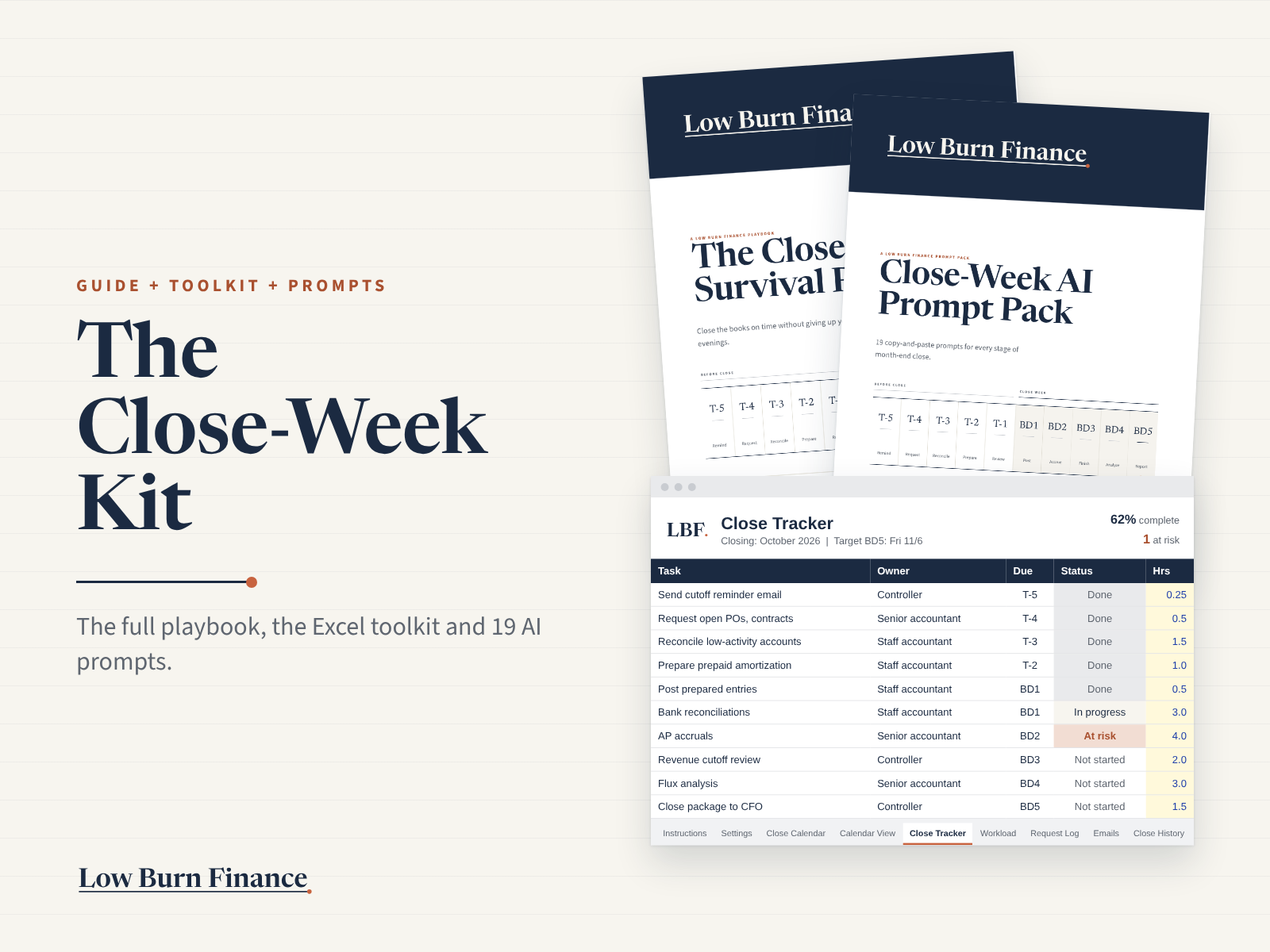 The Close-Week Kit: the Survival Plan guide, the AI Prompt Pack and the Close Tracker tab from the Excel toolkit